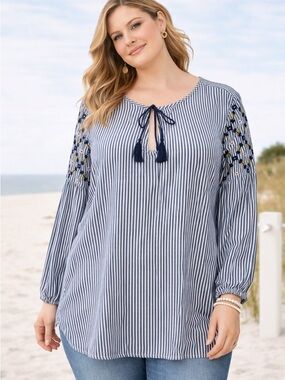 Old Navy Boho Top Women XXL Blue Stripe Embroidered Peasant Tunic Blouse
